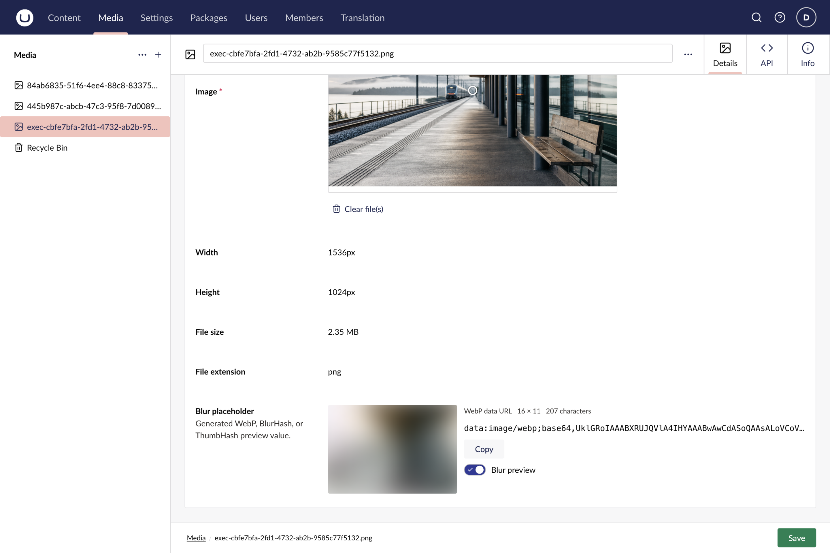Blur Placeholder preview on an Image media item in the Umbraco backoffice