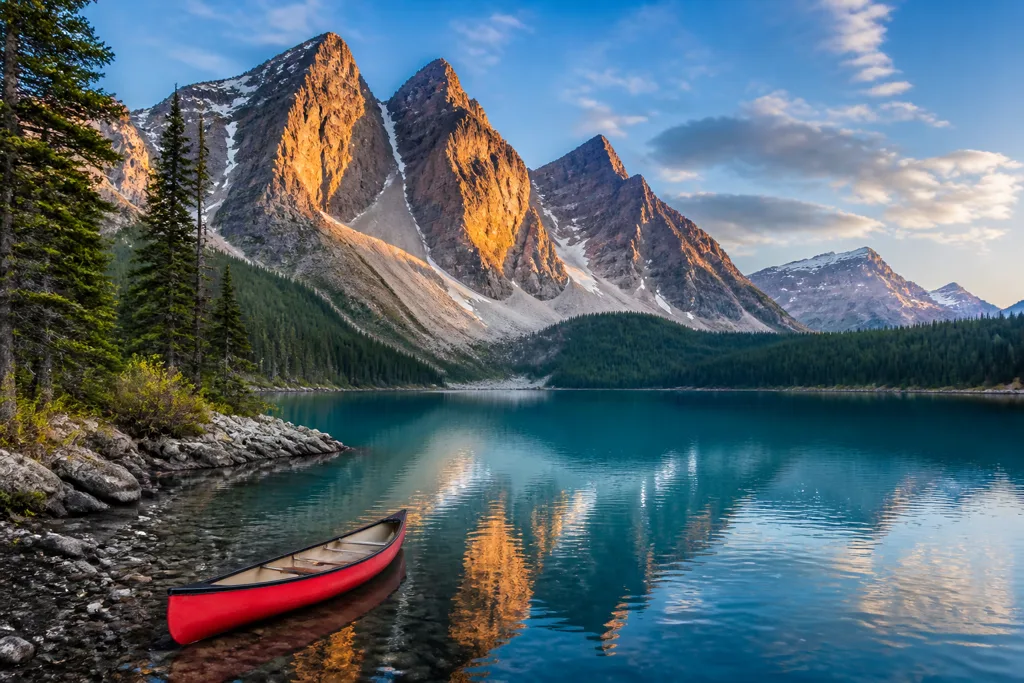 Wide alpine lake at sunrise