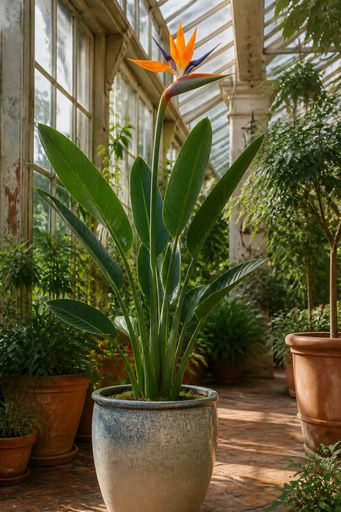 Tall bird-of-paradise plant in a greenhouse